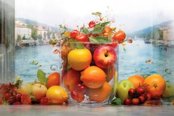 Canvas Print - Fruit vista in full view. Water sprayed out in a couple spots. for Skinali, a high-resolution collage (glass panel). backdrop of white, solitary