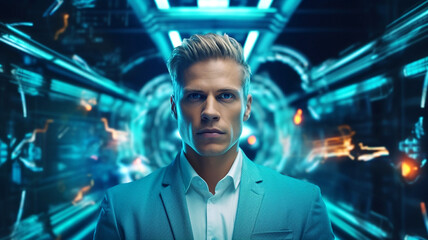 adult male 30s, wearing suit and shirt, bleached hair, chic hairstyle, in a tunnel or machine, neon 