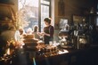 © Yuliia - Small cozy cafe coffee shop bakery business enterprise interior sunny morning light proud happy barista offers cheap hot tasty cocoa latte cappuccino americano espresso croissants donuts to customers
