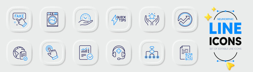 Medical support, Washing machine and Restructuring line icons for web app. Pack of Safe time, Audit, Checked calculation pictogram icons. Online voting, Ranking, Fake information signs. Vector
