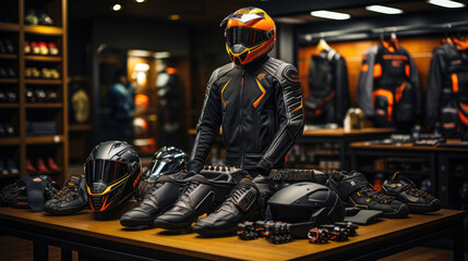Interior of motorcycle clothes and accessories store