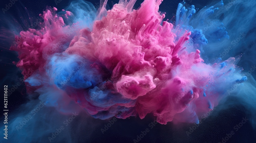 Slow motion explosion of pink and blue colored powder against a dark ...