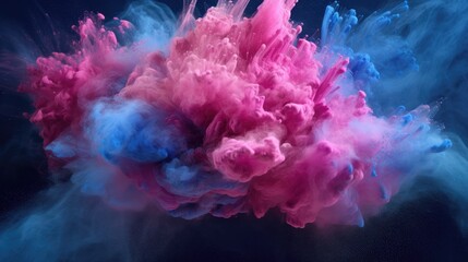 Poster - Slow motion explosion of pink and blue colored powder against a dark backdrop. made using generative AI tools