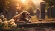 Sad and loyal dog laying on his owner grave. Friendship, loneliness and loyalty concept. Generative AI