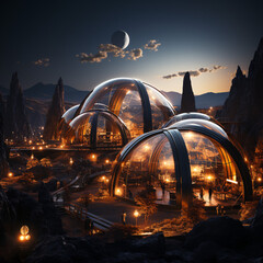 Wall Mural - Exploring Martian Colony, terraforming, Moon Dome Esa City, geodesic domes on Mars. 3D renderings of glass huts in alien nights. Metal and glass geodesic dome houses. Ai Geodesic shiny bubbles