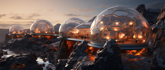 Wall Mural - Exploring martian Colony, terraforming, Moon Dome City, geodesic domes on Mars surface. 3D renderings of glass huts. Metal and glass geodesic dome houses. Ai generated Geodesic bubbles