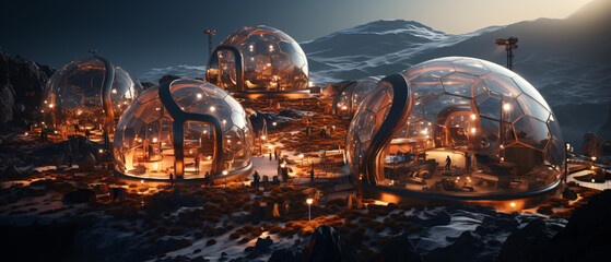 Wall Mural - Exploring martian Colony, terraforming, Moon Dome City, geodesic domes on Mars surface. 3D renderings of glass huts. Metal and glass geodesic dome houses. Ai generated Geodesic bubbles