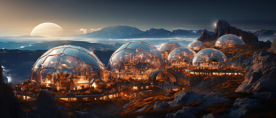 Wall Mural - Exploring martian Colony, terraforming, Moon Dome City, geodesic domes on Mars surface. 3D renderings of glass huts. Metal and glass geodesic dome houses. Ai generated Geodesic bubbles