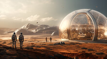 Large Futuristic Structure In Martian Planet, Concept Art, 3d Rendering Of A Space Station In Mars Desert, Geodesic Dome, Futuristic Buildings, Scifi Architecture, Space Tourism. Horizontal Poster