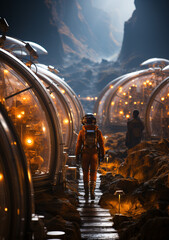 Wall Mural - Astronaut agronomist in space suit walking among the geodesic domes of Martian greenhouses. Architectural night panorama on Mars, glass dome, terraforming, Moon Dome City. Ai art 3d rendering.