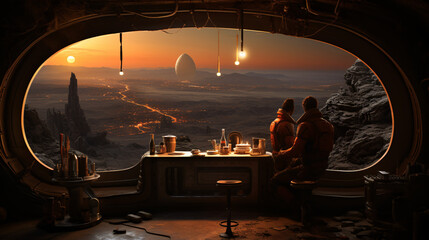 Wall Mural - Horizontal poster with astronauts in space restaurant, panoramic window facing Martian panorama with giant moon on horizon during space sunset. Counter of an alien pub for scifi story