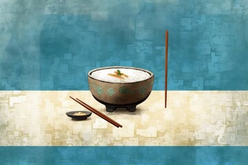 Poster - An artwork with a blue backdrop depicts a rice bowl and chopsticks. Restaurant cuisine in the shape of a cartoon