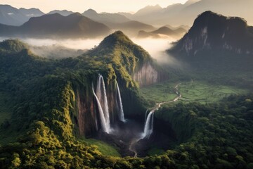 Wall Mural - dawn aerial picture of Semeru mountain and the Tumpak Sewu waterfall