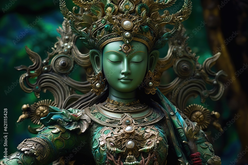 beautiful green tara buddha statue, illustration, generative ai