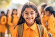 Illustration of a young Indian girl in a school uniform smiling for the camera created with Generative AI technology