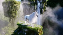 Magic Unicorn And Fantasy Fairytale Flying Rocks. Realistic 4k Animation.