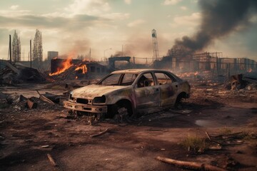 AI generated representation(Not Actual)-Russia invades Ukraine a burned-out automobile in a war-torn city. Vehicle insurance for war-damaged autos. Consequences strike. The wreckage of a structure