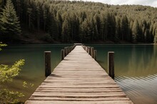 A Dilapidated Wooden Pier Leading Out Into A Still Lake