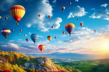 Colorful Hot Air Balloon Flying Over The Hill Against Bright Blue Sky.
