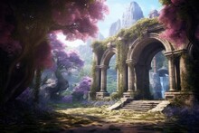Imaginary Setting With Lilacs And A Stone Arch. A Stone Arch, A Garden Of Lilacs, And A Doorway Leading To Another Planet
