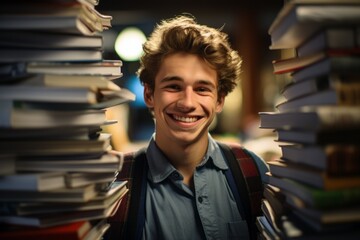 Poster - Student on the background of books. Back To School concept. Backdrop with selective focus