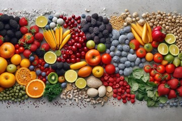 Poster - On a pale gray backdrop, fresh, uncooked fruits, veggies, and beans are on exhibit. the idea of organic food. from above