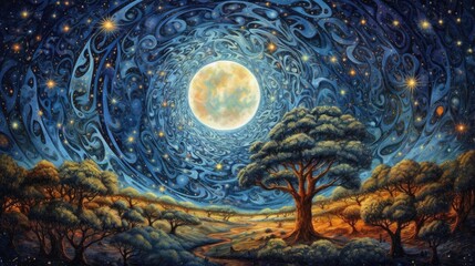 Wall Mural - wonderful oil painting the universe enormous, majestic moon is surrounded by stars. artwork for book