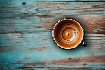 Sticker - View from above of a coffee cup on a blue wooden table. Put a vintage spin on the filter