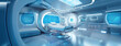 © sizsus - futuristic medical research or emergency admission room with biometrics diagnosis infographs and hospital services concept as wide banner with copy space area - Generative AI