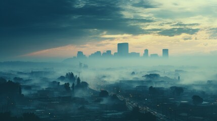 Wall Mural - A city skyline obscured by smog, smoke and pollution. Generative AI. 