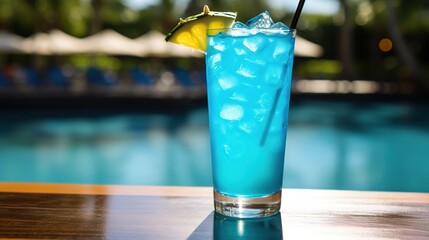 Wall Mural - Blue Hawaiian classic cocktail at poolside bar, generative ai