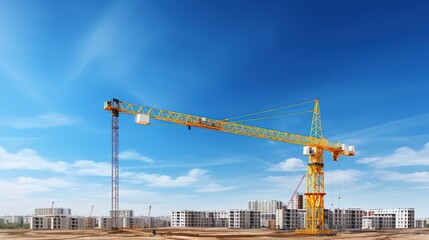 Wall Mural - construction site and yellow crane on the background blue sky, panoramic mockup, generative ai