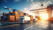 © WS Studio 1985 - container truck ,ship in port and freight cargo plane in transport and import-export commercial logistic ,shipping business industry with generative ai
