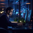 © customer solution - IT Support Programmer Dark Office Blue Screen Cybersecurity Concept