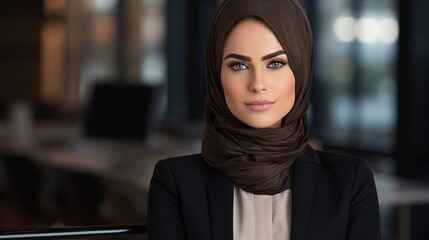 Portrait of a middle eastern businesswoman in office. Close-up of an islamic woman wearing headscarf looking at camera with generative ai