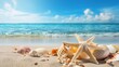 © WS Studio 1985 - Sunny tropical beach with turquoise ocean, summer vacation background, sea shells and starfish on the beach, with generative ai