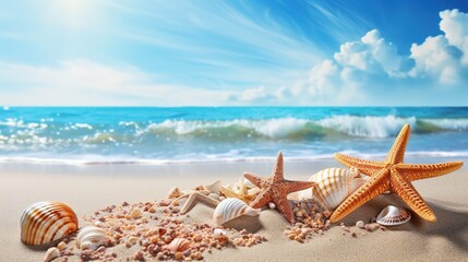 Wall Mural - sea shells and starfish on the beach, Sunny tropical beach with turquoise water, summer vacation background, generative ai