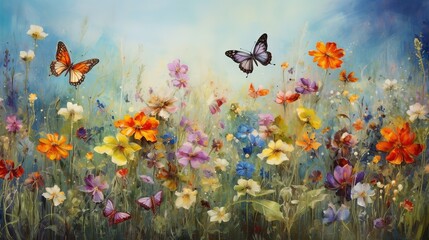 Wall Mural - spring meadow with flowers and butterflies, generative ai