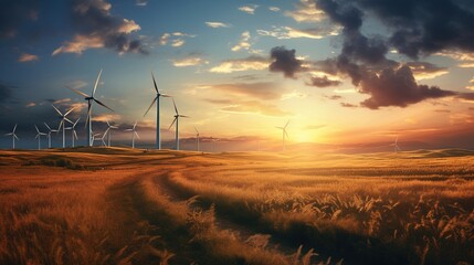 Wall Mural - wind turbines in the field at sunset, generative ai