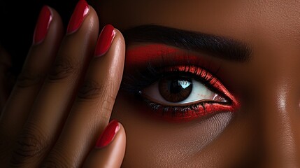 Young African American woman with long lashes, red lips and black nail polish holding her fingers over one of her eyes, close up, with generative ai