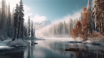  Winter forest reflected in water.