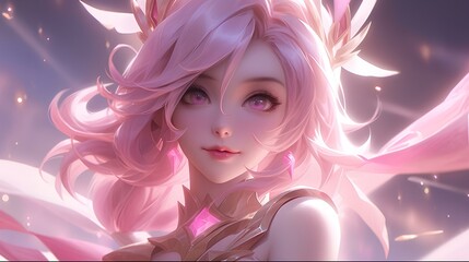 Wall Mural - Cute girl with pink wavy hairstyle, sweet and cool style futuristic K-pop idol, 3D animation style illustration. generative AI 