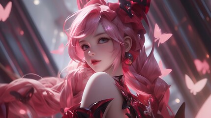 Wall Mural - Cute girl with pink wavy hairstyle, sweet and cool style futuristic K-pop idol, 3D animation style illustration. generative AI 