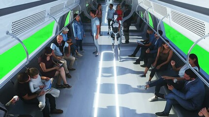Canvas Print - 3d people and robots. flying passenger train. utopia. concept of the future.green screen. realistic 