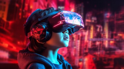 Wall Mural - Virtual reality 3d augmented experience exited digital generate person wear vr glasses goggle headset hand gesture touch 3d object in virtual world fun cheerful and remarkable,generative ai