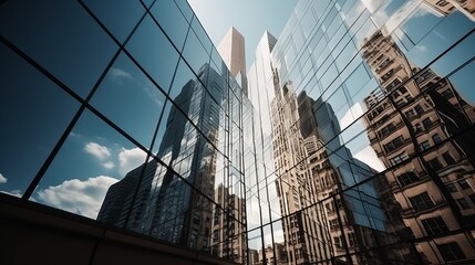 Wall Mural - worm eye view perspective of modern design office building with reflecting window sky modern financial district area urban city architecture look from below,generative ai