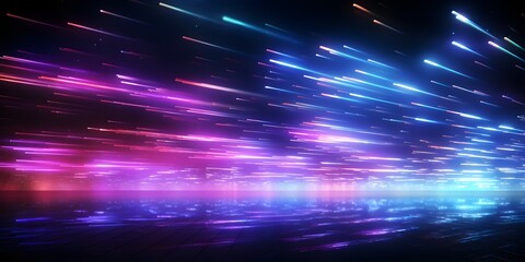 abstract neon background. Pink blue glowing lines, speed of light, meteor shower. Digital wallpaper, AI generative