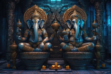 the ganeshas are pictured in their sitting pose, with gold plated hands & arms. beautiful Generative AI AIG32