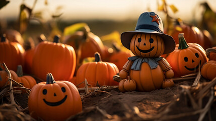 pumpkin patch with carved jack-o-lanterns, scarecrows for halloween.