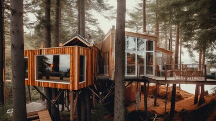 Wall Mural - The exterior design of modern wooden Scandinavian treehouse with tall trees in forest and lake view. Generative AI image AIG30.